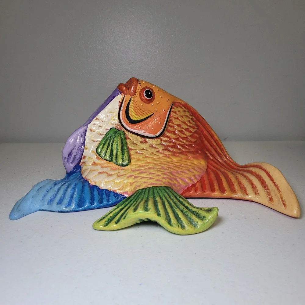 Large Painted Ceramic Fish Wall Hang‎ Decor Mexican Vintage Tropical Nautical